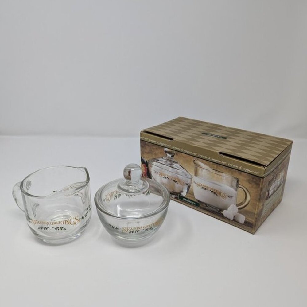 NEW Anchor Hocking HomeTrends Victorian Santa Seasons Greetings Cream Sugar Set